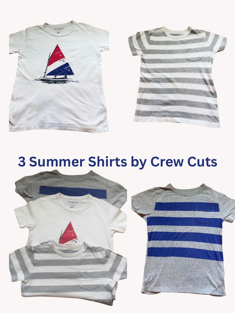 3 Crewcuts Boys' White Sailboat, Grey Stripes, Blue Stripes Size 6-7